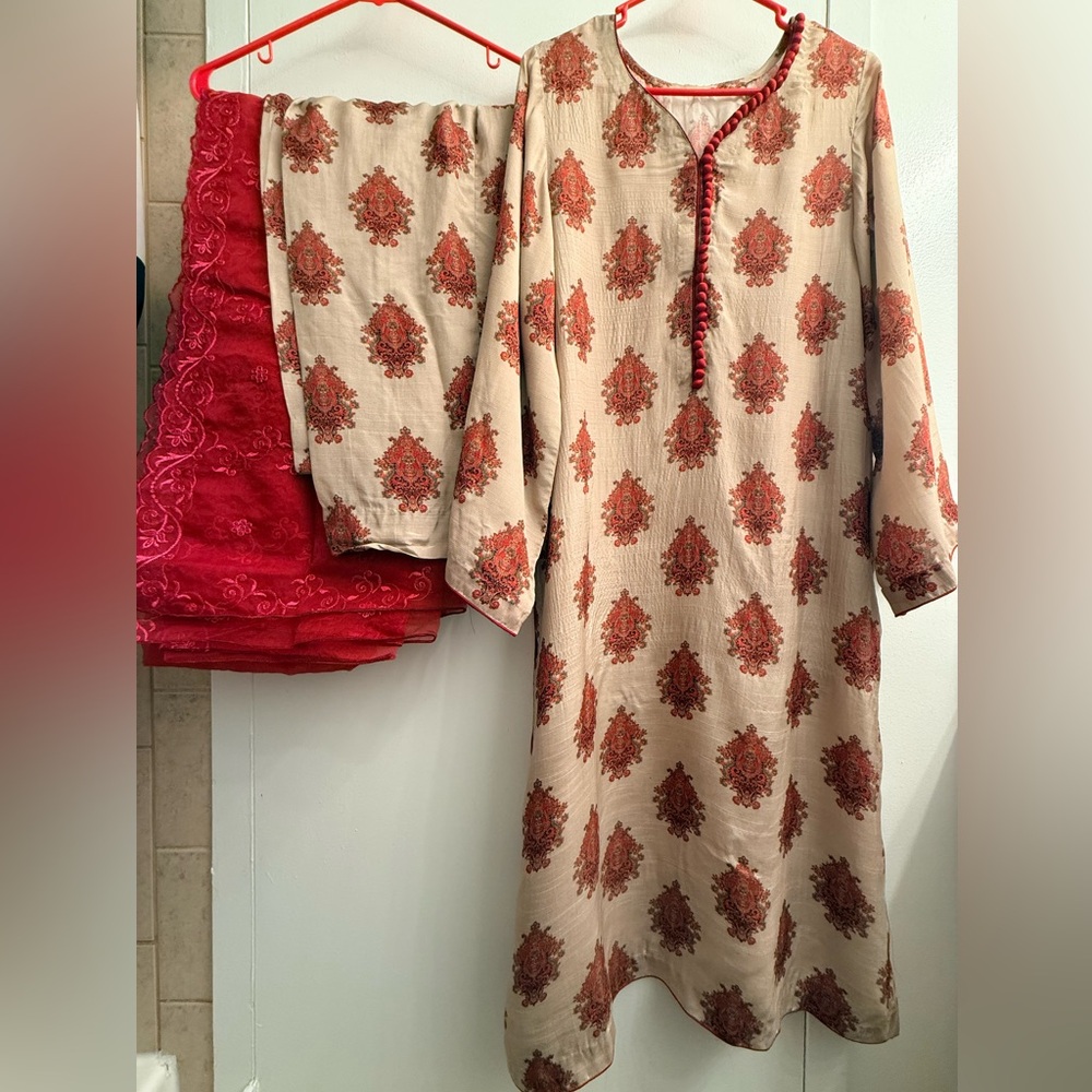 Floral Beige and Red Silk Kurta Set